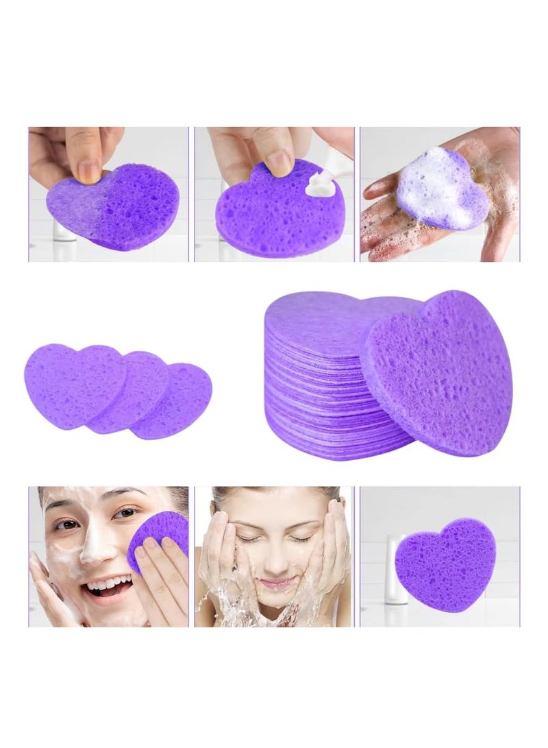Generic Compressed Facial Sponges, Magic Mask Remover Sponge, Professional Beauty Heart Shaped Sponge for Face Cleansing Exfoliating Makeup Removal (30pcs Purple)  - Image 1