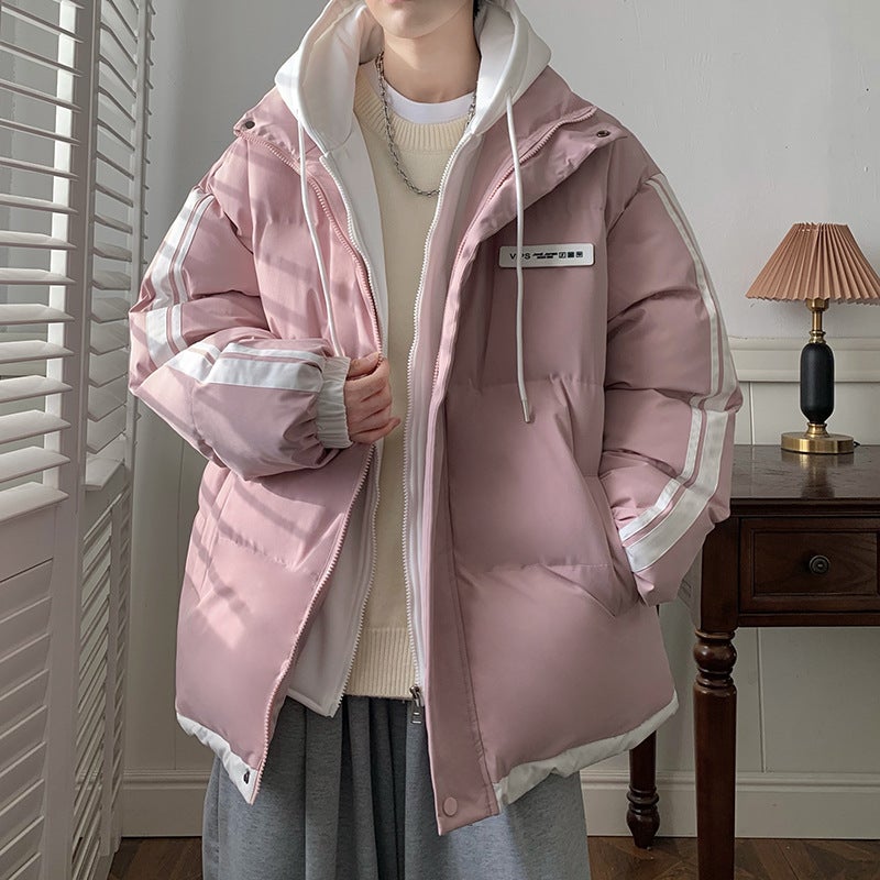 American Style Two-Piece Illusion Cotton-Padded Jacket Blazer For Men Autumn Winter 2024 New Teenage School Campus Style Color B Pink 
