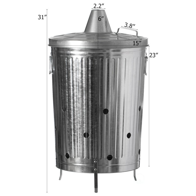 Gardenised 20-Gallon Galvanized Steel Incinerator Can with Lid & Vent Holes, High-Heat Outdoor Burn Bin for Leaves, Paper, Yard Waste & Garden Debris, Silver - Image 4
