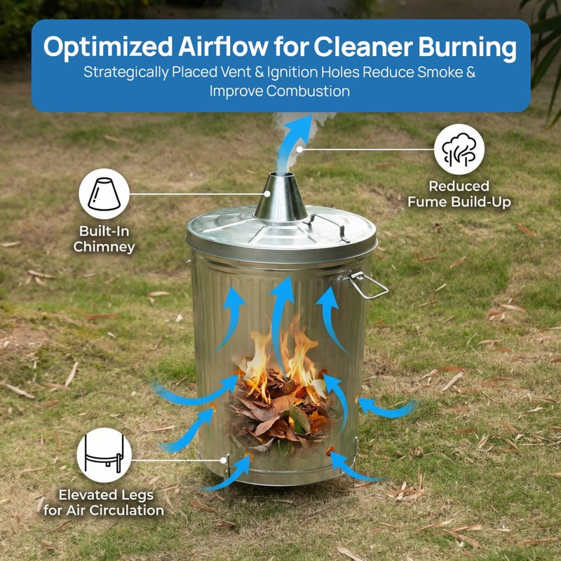 Gardenised 20-Gallon Galvanized Steel Incinerator Can with Lid & Vent Holes, High-Heat Outdoor Burn Bin for Leaves, Paper, Yard Waste & Garden Debris, Silver - Image 3