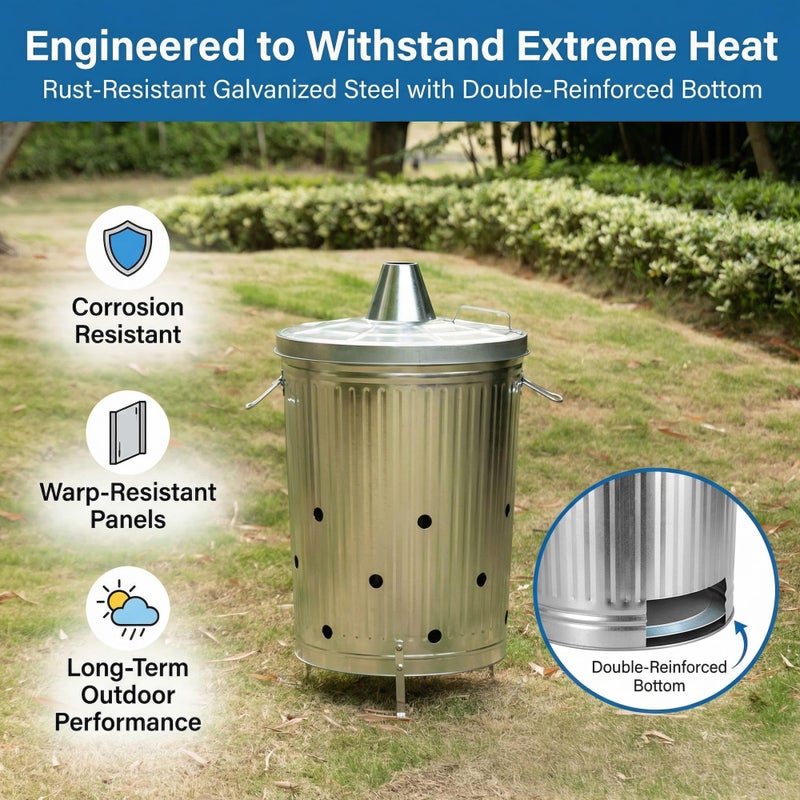 Gardenised 20-Gallon Galvanized Steel Incinerator Can with Lid & Vent Holes, High-Heat Outdoor Burn Bin for Leaves, Paper, Yard Waste & Garden Debris, Silver - Image 2