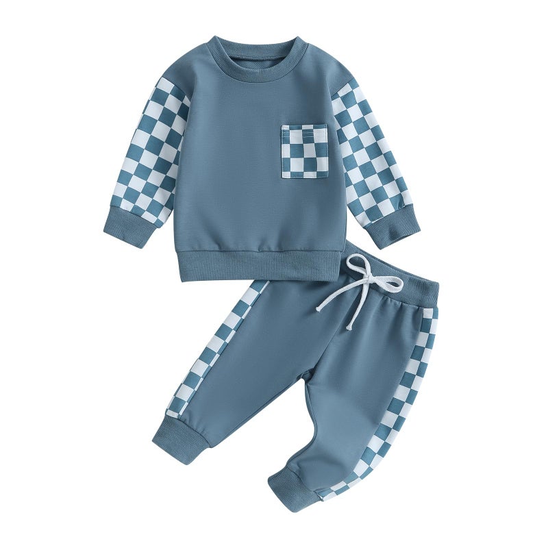 BeQeuewll BeQeuewll Fall Winter Toddler Baby Boy Clothes 2Pcs Color Block Crewneck Sweatshirt and Pants Sweatsuit Little Boy Clothing Checkboard Blue 06 Months