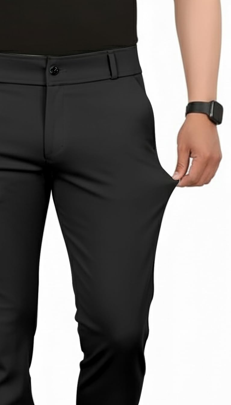 VALLEY Men's Slim Fit Casual Mid Rise Trousers, Cotton Blend, Side Pockets || Classic Slim Fit Chino Pants || Business Casual Dress Trousers (in, Alpha, L, Regular, Black) - Image 4