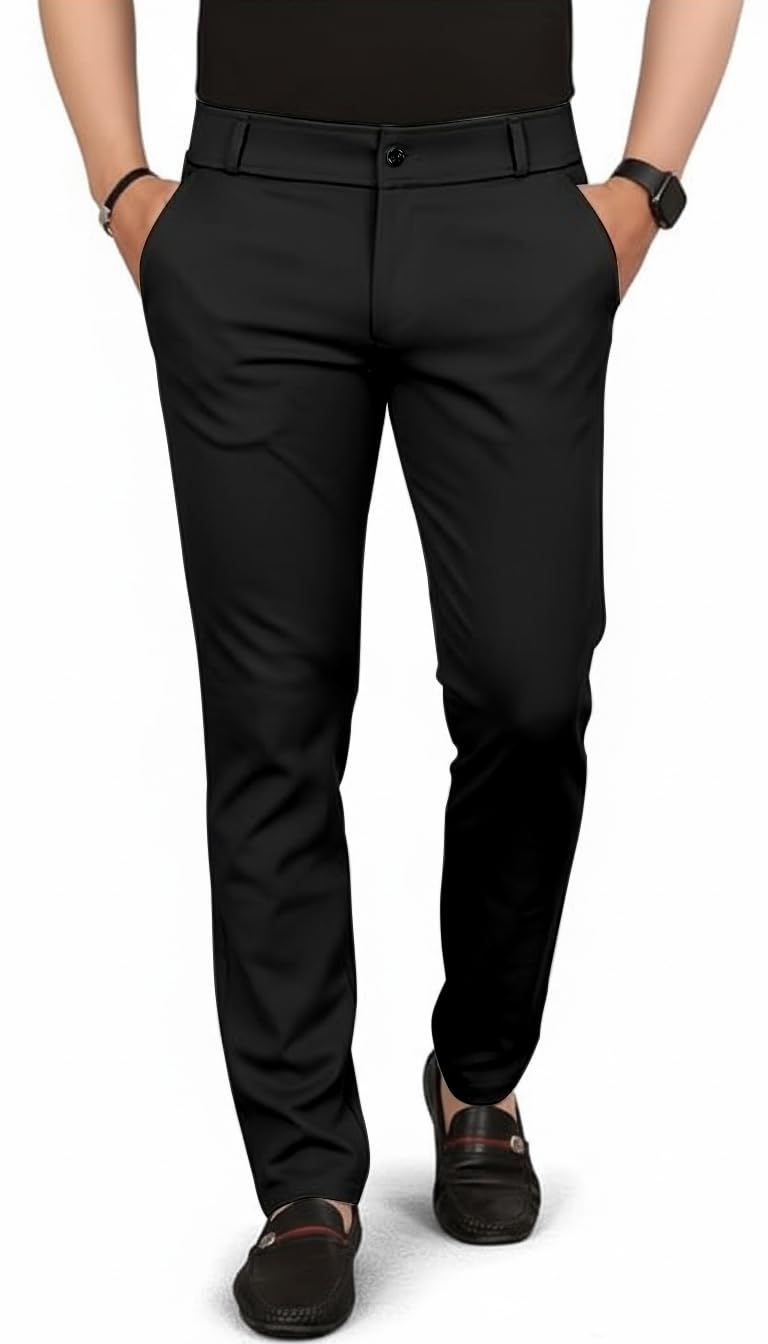 VALLEY Men's Slim Fit Casual Mid Rise Trousers, Cotton Blend, Side Pockets || Classic Slim Fit Chino Pants || Business Casual Dress Trousers (in, Alpha, L, Regular, Black) - Image 1