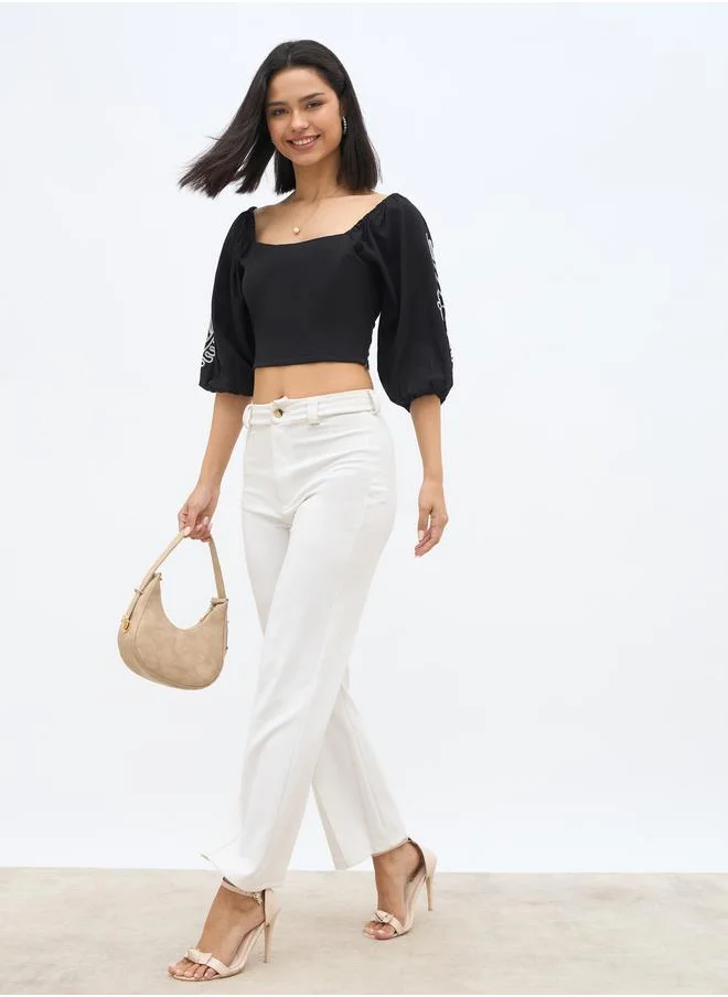 Styli Styli Embroidered Long Sleeve Crop Top