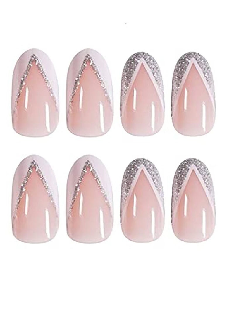 SYOSI Nail Patches Silver Side StyleFake Nails Short Press on Nails Square Crystal False Nails Prom Nails Full Cover Nails Tips 24pcs for Women and Girls et Shipped Without Glue - Image 1