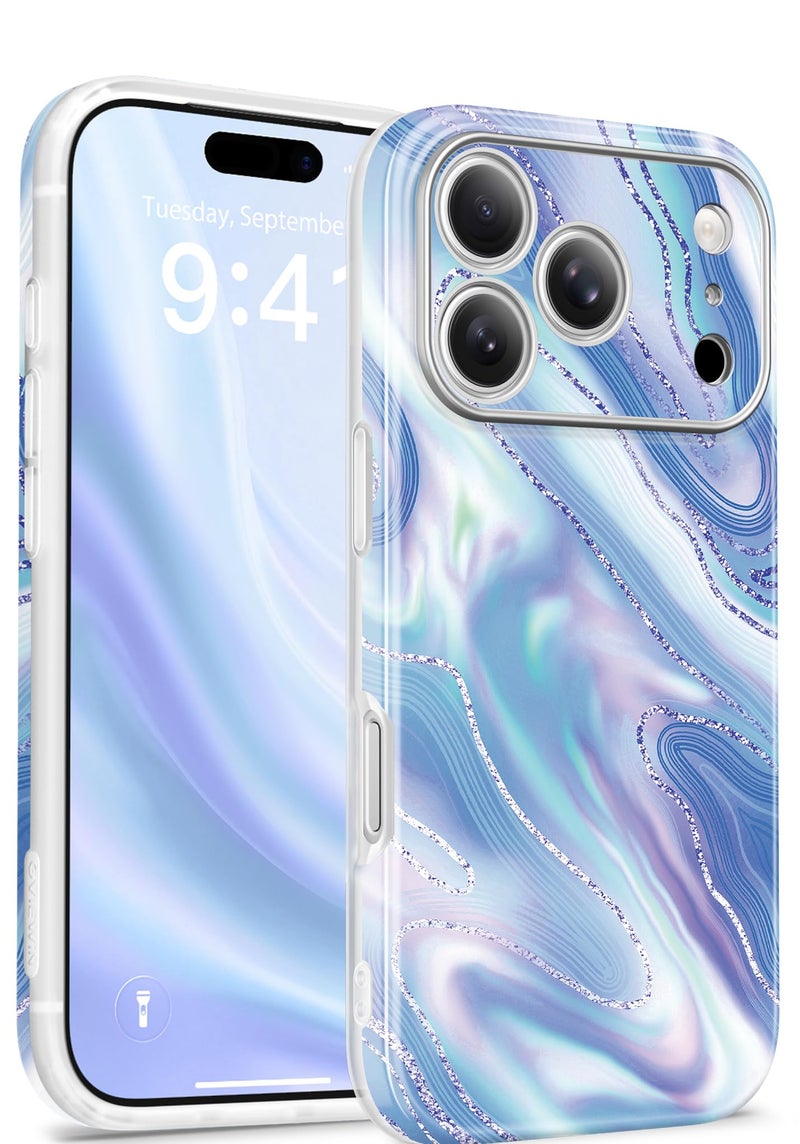GVIEWIN for iPhone 17 Pro Case Compatible with MagSafe, [Full Camera Protection][Military-Grade Protection] Shockproof Protective Slim Magnetic Marble Phone Case for 17 Pro 6.3", Aurora/Azure Blue - Image 1