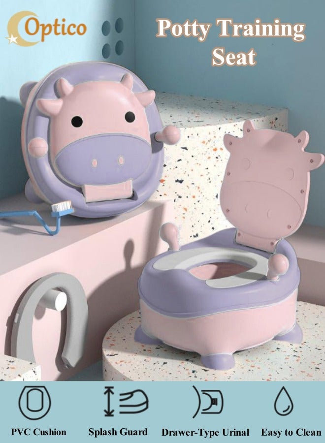 Optico Baby Potty Seat, Cartoon Cow Potty Training Seat Toilet Training Potty System with Splash Guard Anti-Slip Kids Potty Chair Toddler Potty Trainer Kids' Travel Potty Toilet with Drawer-Type Urinal for Toddlers Kids Boys Girls (Pink + Purple) - Image 1