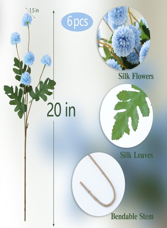 mizii 6Pcs Blue Fake Silk Pompon Mum Artificial Flowers Bulk Small Faux Chrysanthemums with Stems Realistic Floral Decorations for Wedding DIY Bouquet Centerpieces Shower Vase Home Decor (Light Blue) - Image 2