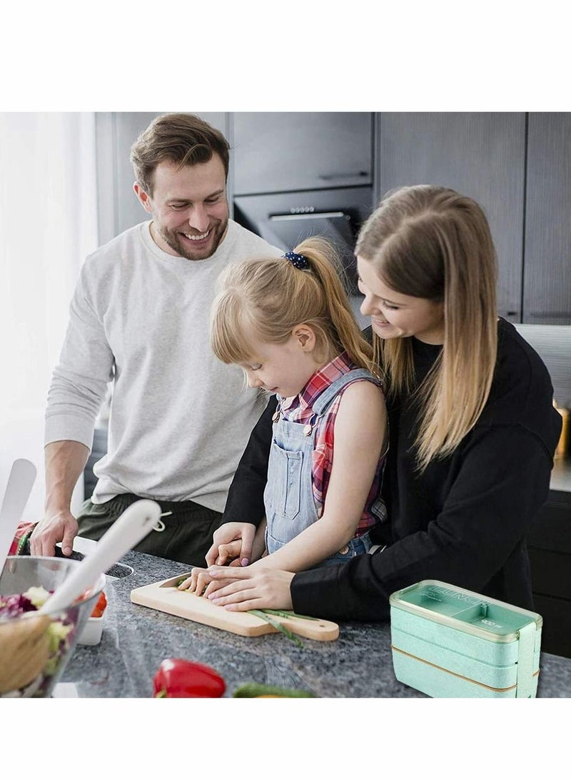 Excefore علبة غداء، علبة بينتو 3 في 1 قسم قش القمح مضادة للتسرب صديقة للبيئة علبة غداء بينتو حاويات تحضير الوجبات حل الغداء يقدم متينة آمنة للميكروويف للأطفال والبالغين، 900 مل أخضر - Image 3