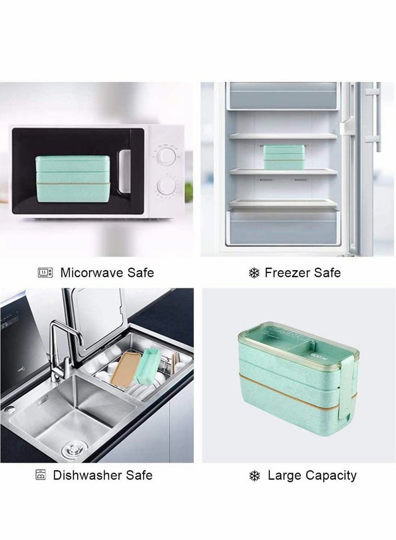 Excefore علبة غداء، علبة بينتو 3 في 1 قسم قش القمح مضادة للتسرب صديقة للبيئة علبة غداء بينتو حاويات تحضير الوجبات حل الغداء يقدم متينة آمنة للميكروويف للأطفال والبالغين، 900 مل أخضر - Image 4