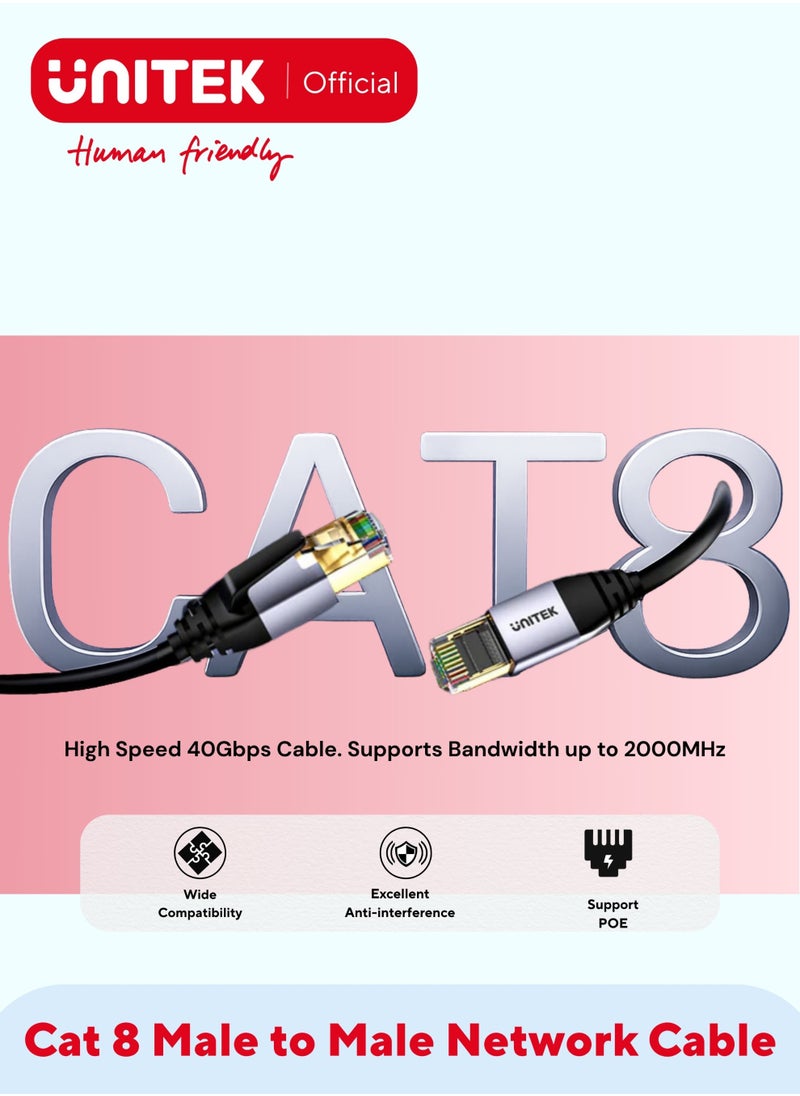 UNITEK Ethernet Cable Cat8 Network Cable Gigabit RJ45 26AWG 2000Mhz Wire Double Shielded. Compatible for PC Laptop Router Modem Mac Switch PS5 PS4 Smart TV BlackCat 8 Male to Male Network Cable, OD: 6.8MM, Oxygen-Free Copper, Black, Round Cable.  - Image 1