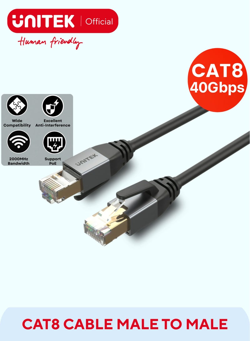 UNITEK Ethernet Cable Cat8 Network Cable Gigabit RJ45 26AWG 2000Mhz Wire Double Shielded. Compatible for PC Laptop Router Modem Mac Switch PS5 PS4 Smart TV BlackCat 8 Male to Male Network Cable, OD: 6.8MM, Oxygen-Free Copper, Black, Round Cable. - Image 1
