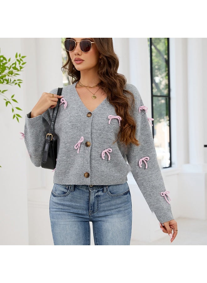 NIBEMINENT Women's Fall Winter Knit Cardigan Tops Stylish  Bow Button Down V Neck Long Sleeve Sweater Jacket Streetwear - Image 1