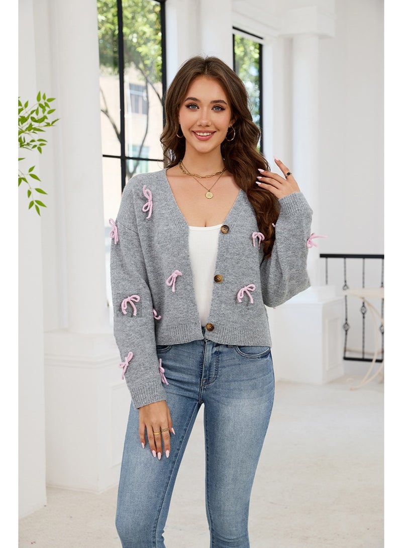 NIBEMINENT Women's Fall Winter Knit Cardigan Tops Stylish  Bow Button Down V Neck Long Sleeve Sweater Jacket Streetwear - Image 2