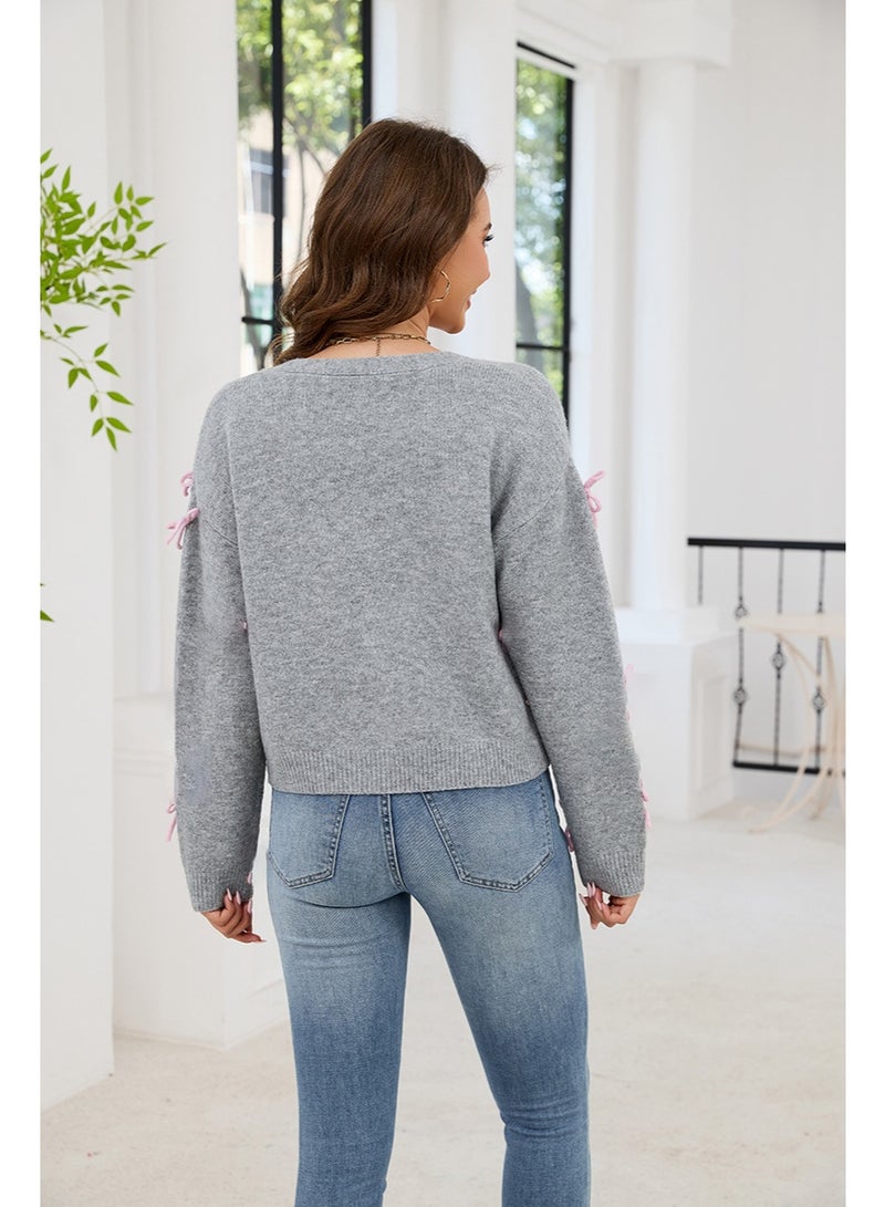 NIBEMINENT Women's Fall Winter Knit Cardigan Tops Stylish  Bow Button Down V Neck Long Sleeve Sweater Jacket Streetwear - Image 3