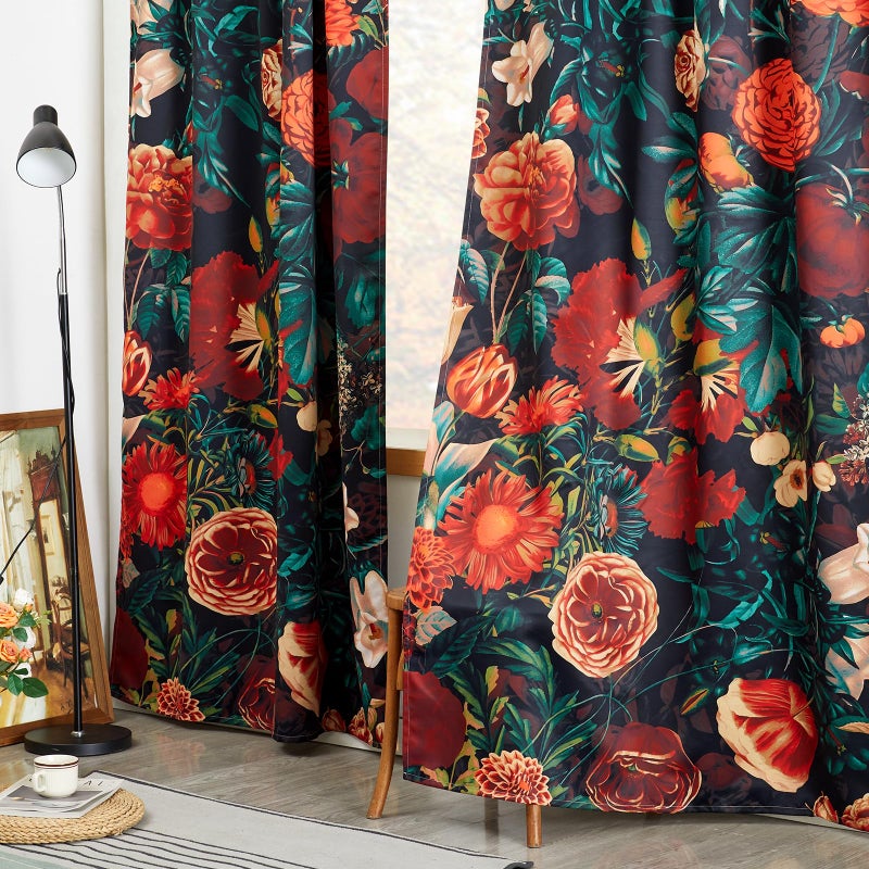Estmy Boho Vintage Bedroom Curtains, Moody Black Floral Blackout Curtains 84 Inches Length 2 Panel, Night Garden Colorful Flowers Cute Country Window Curtain Panels for Bedroom Living Dining Room Kitchen - Image 1