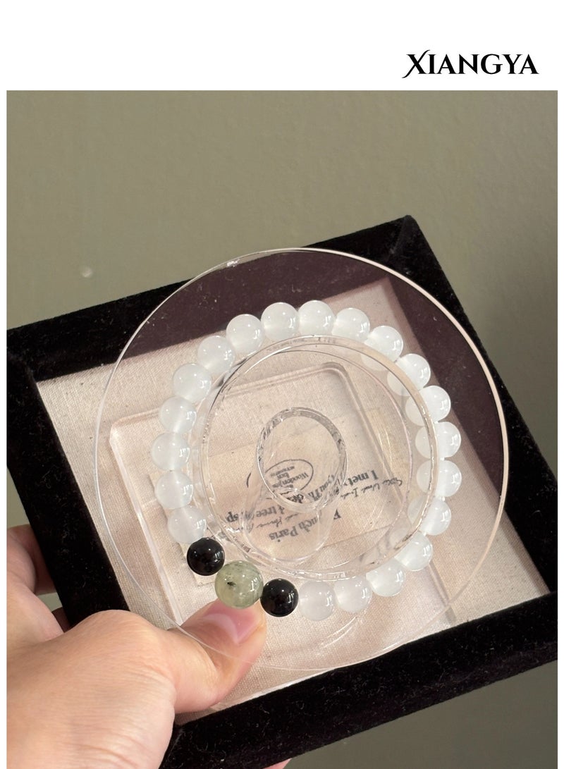 XIANGYA Beaded Bracelet For Ladies – White Jade Glass with Black Obsidian and Prehnite Center Bead | Mist & Shadow - Image 3