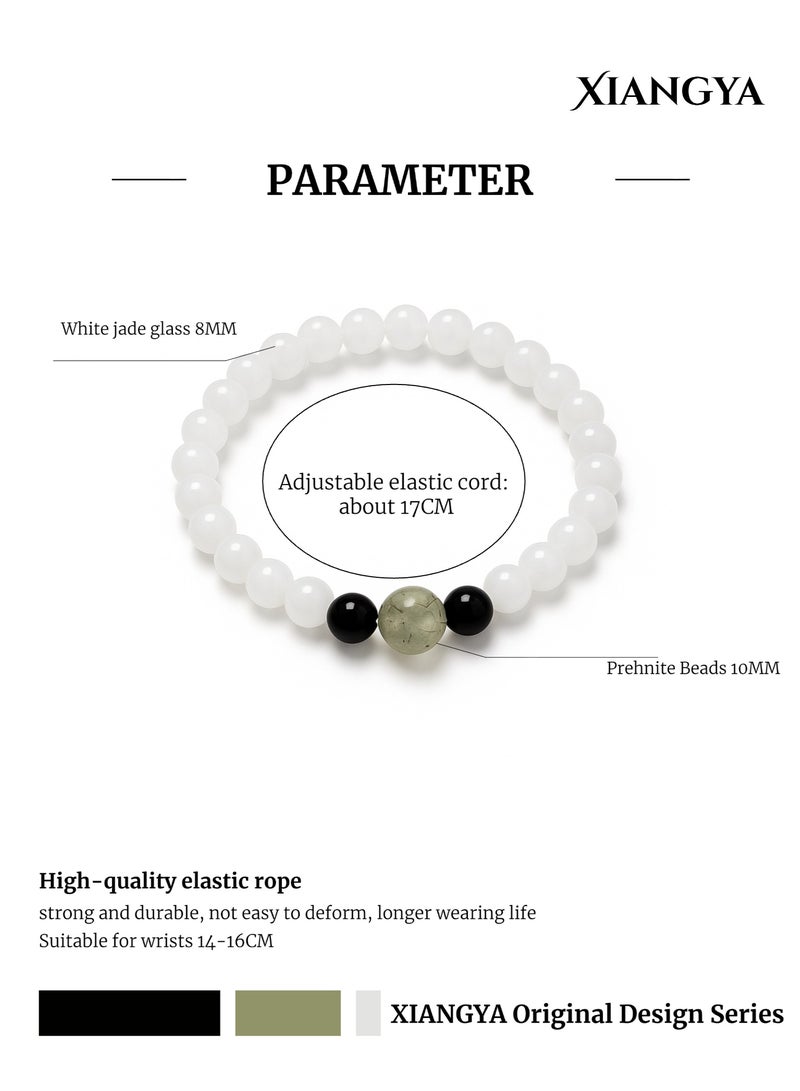 XIANGYA Beaded Bracelet For Ladies – White Jade Glass with Black Obsidian and Prehnite Center Bead | Mist & Shadow - Image 4