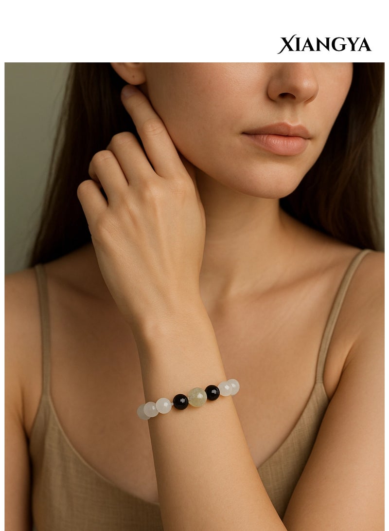 XIANGYA Beaded Bracelet For Ladies – White Jade Glass with Black Obsidian and Prehnite Center Bead | Mist & Shadow - Image 2