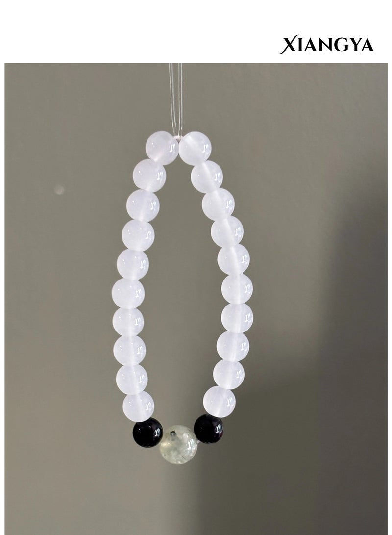 XIANGYA Beaded Bracelet For Ladies – White Jade Glass with Black Obsidian and Prehnite Center Bead | Mist & Shadow - Image 5