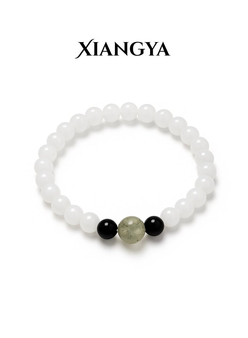 XIANGYA Beaded Bracelet For Ladies – White Jade Glass with Black Obsidian and Prehnite Center Bead | Mist & Shadow - Image 1