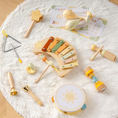 ROBUD Toddler Musical Instruments Montessori Wooden Baby Musical Toys Neutral Colors Musical Toys for Toddlers 13 Educational Percussion Set for Boys and GirlsStar and Moon Theme - Image 5