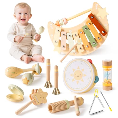 ROBUD Toddler Musical Instruments Montessori Wooden Baby Musical Toys Neutral Colors Musical Toys for Toddlers 13 Educational Percussion Set for Boys and GirlsStar and Moon Theme - Image 1