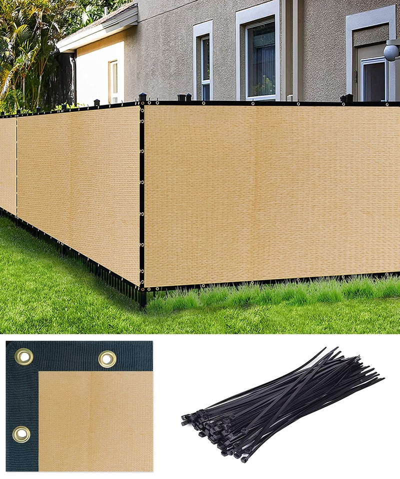 FREDDO Privacy Screen Fence Shade Net for Balcony, Garden, Terrace & Outdoor Fence – Heavy Duty with Polyester Band, Brass Eyelets & Tie Cords (Beige, 5.8 x 50 Ft) - Image 1