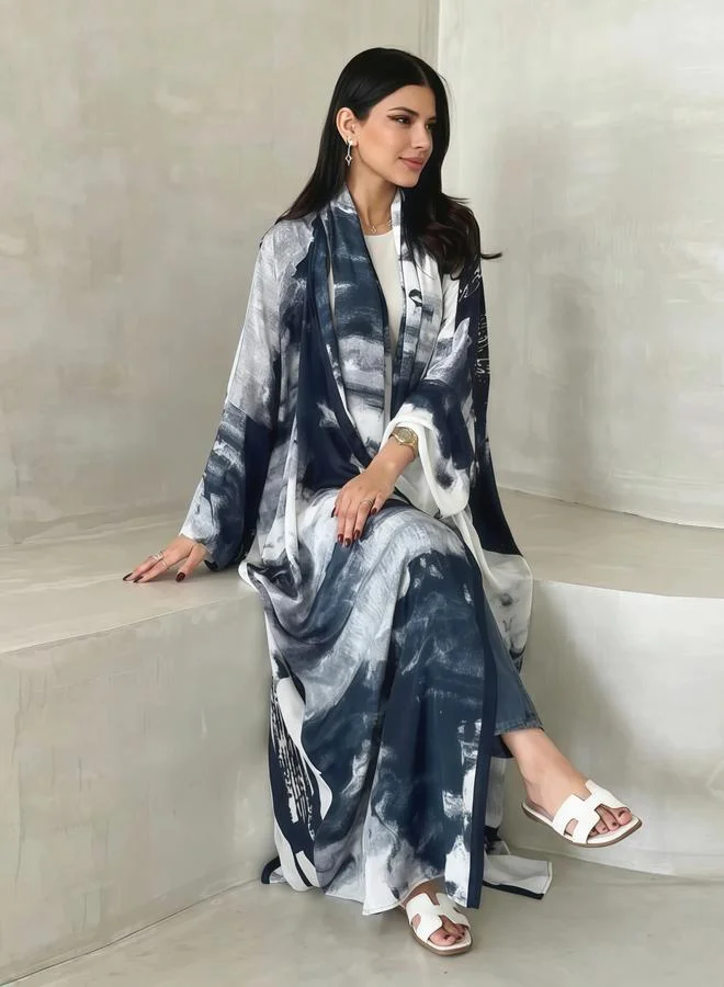 Take Two  Abstract Print Open Front Abaya for Women | Best Price UAE