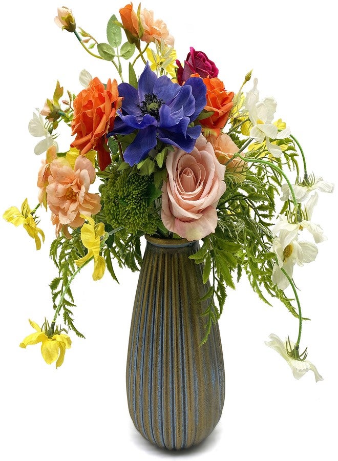 WAKISAKI Artificial Faux Flowers in Vase, Silk Flower Arrangement Artificial Floral Centerpiece, Table Centerpieces for Dining Room Home Decor Valentine's Day Gift (Spring) - Image 1