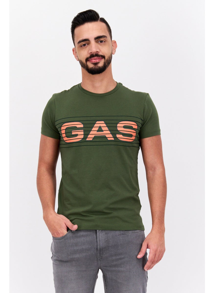 GAS - Men Round Neck Short Sleeves Brand Logo T-Shirt, Olive - Image 1
