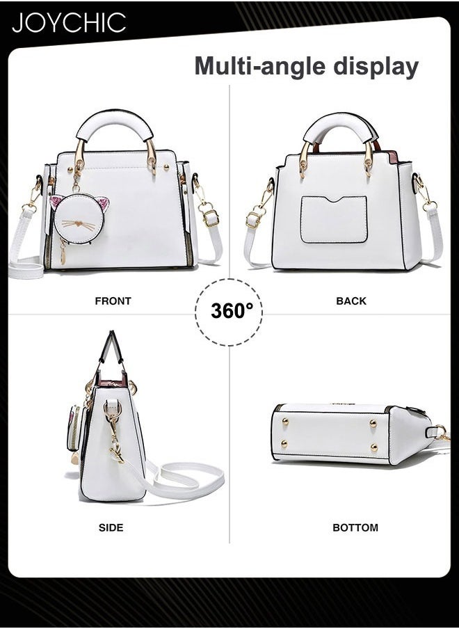 Joychic - Korean Style Fashionable and Sweet Women Handbag Casual Personality Cat Design Large Capacity Commuting Shoulder Crossbody Bag PU Fabric Waterproof White - Image 1
