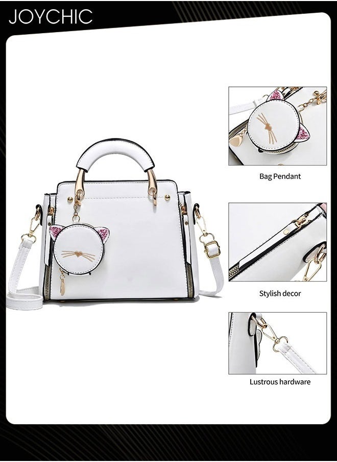 Joychic - Korean Style Fashionable and Sweet Women Handbag Casual Personality Cat Design Large Capacity Commuting Shoulder Crossbody Bag PU Fabric Waterproof White - Image 1