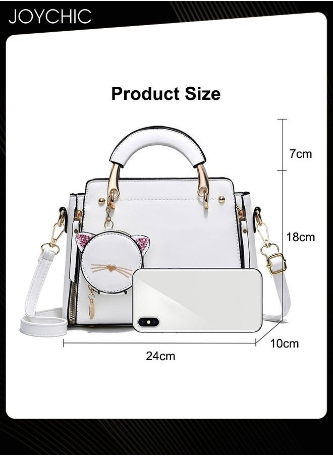 Joychic - Korean Style Fashionable and Sweet Women Handbag Casual Personality Cat Design Large Capacity Commuting Shoulder Crossbody Bag PU Fabric Waterproof White - Image 1