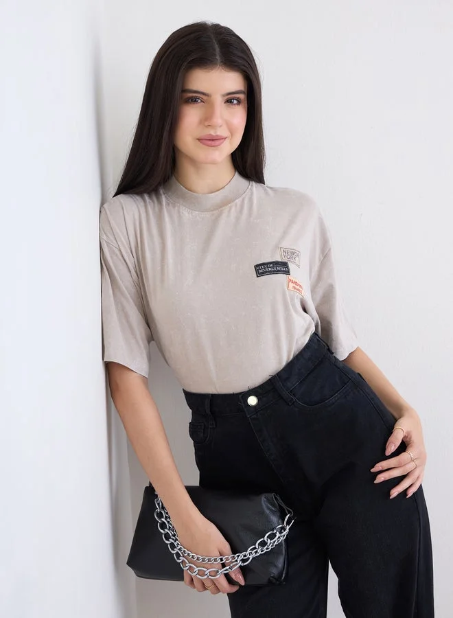 Styli Styli Beige Washed Oversized T-Shirt with Badge Detail