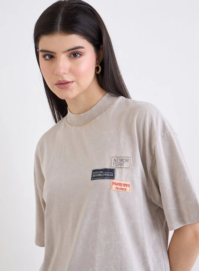 Styli Styli Beige Washed Oversized T-Shirt with Badge Detail