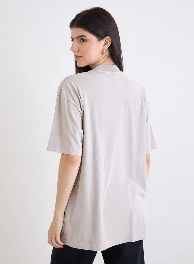 Styli Styli Beige Washed Oversized T-Shirt with Badge Detail