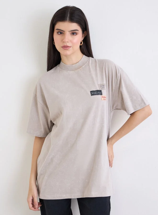 Styli Beige Washed Oversized T-Shirt with Badge Detail