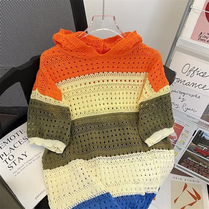 Summer Couple'S Short-Sleeved T-Shirt Loose Hooded Knitted Hollow Top Trendy Design Color-Matching Half-Sleeved T-Shirt For Men - Image 2