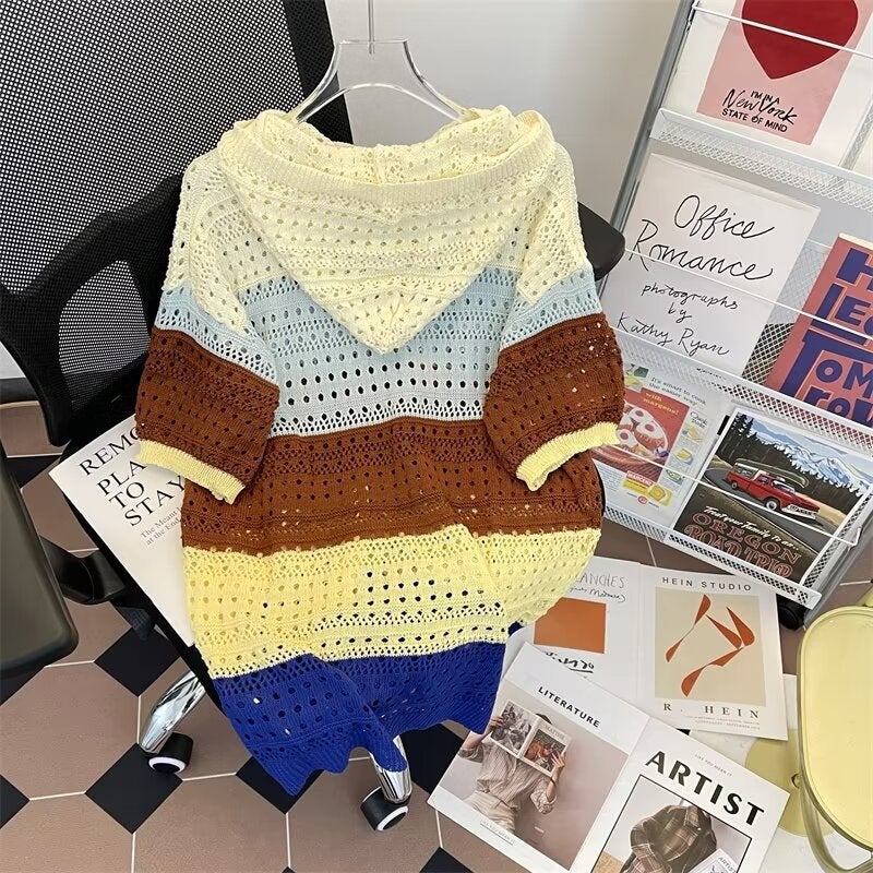 Summer Couple'S Short-Sleeved T-Shirt Loose Hooded Knitted Hollow Top Trendy Design Color-Matching Half-Sleeved T-Shirt For Men - Image 5