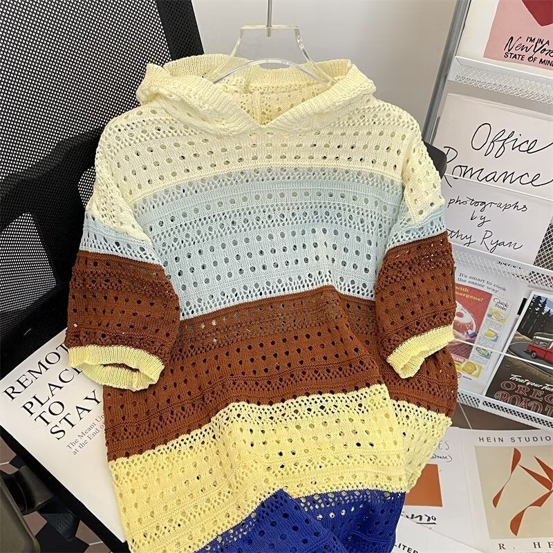 Summer Couple'S Short-Sleeved T-Shirt Loose Hooded Knitted Hollow Top Trendy Design Color-Matching Half-Sleeved T-Shirt For Men - Image 3