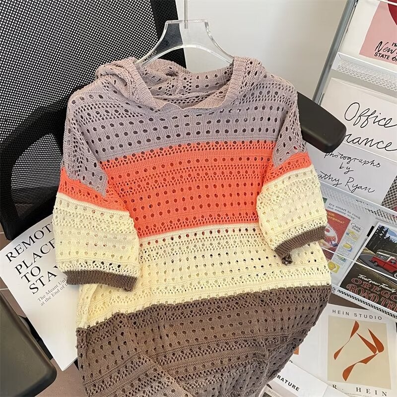 Summer Couple'S Short-Sleeved T-Shirt Loose Hooded Knitted Hollow Top Trendy Design Color-Matching Half-Sleeved T-Shirt For Men - Image 4