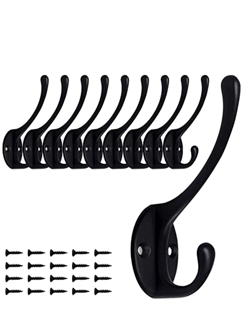 Zikra 10 Pack Matte Black Coat Hooks Heavy Duty Dual Coat Hooks Wall Mounted Utility Black Not Rust Hooks for Coat, Robe, Scarf, Bag, Towel, Key, Hat and More, Include 20 Pieces Screws - Image 1
