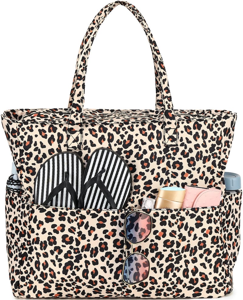 BLUBOON Waterproof Beach Tote Pool Bags Women Ladies Large Gym Tote Carry On Bag With Wet Compartment for Weekender Travel (Leopard) - Image 1