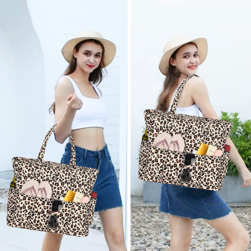 BLUBOON Waterproof Beach Tote Pool Bags Women Ladies Large Gym Tote Carry On Bag With Wet Compartment for Weekender Travel (Leopard) - Image 2