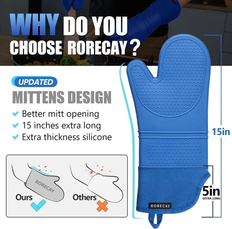 Rorecay Extra Long Oven Mitts and Pot Holders Sets: Heat Resistant Silicone Oven Mittens with Mini Oven Gloves Hot Pads Potholders for Kitchen Baking Cooking  Quilted Liner  Pack of 6 (Lake Blue) - Image 2