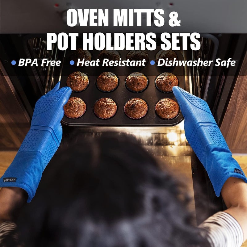 Rorecay Extra Long Oven Mitts and Pot Holders Sets: Heat Resistant Silicone Oven Mittens with Mini Oven Gloves Hot Pads Potholders for Kitchen Baking Cooking  Quilted Liner  Pack of 6 (Lake Blue) - Image 5