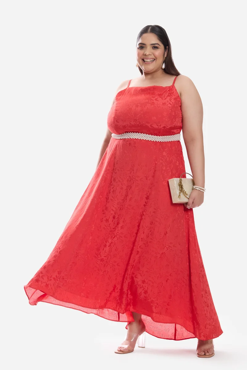 Virgio Self Design Viscose Aline Plus Size Dress With Highlow Hem for Women