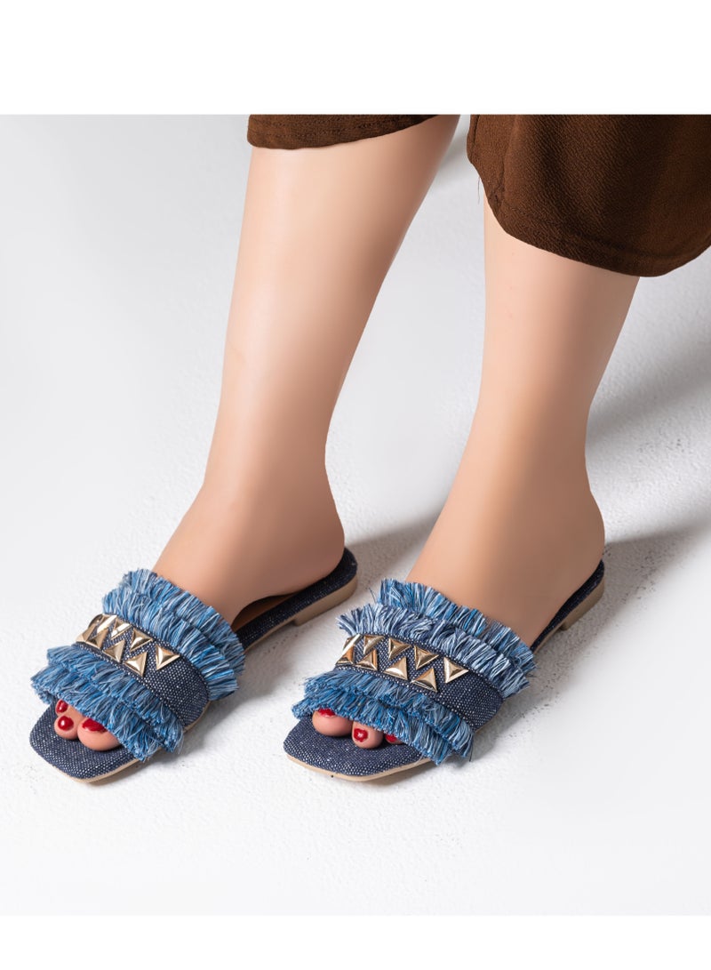 شبشب فلات قماش  مع شراشيب SL-213 - ازرق